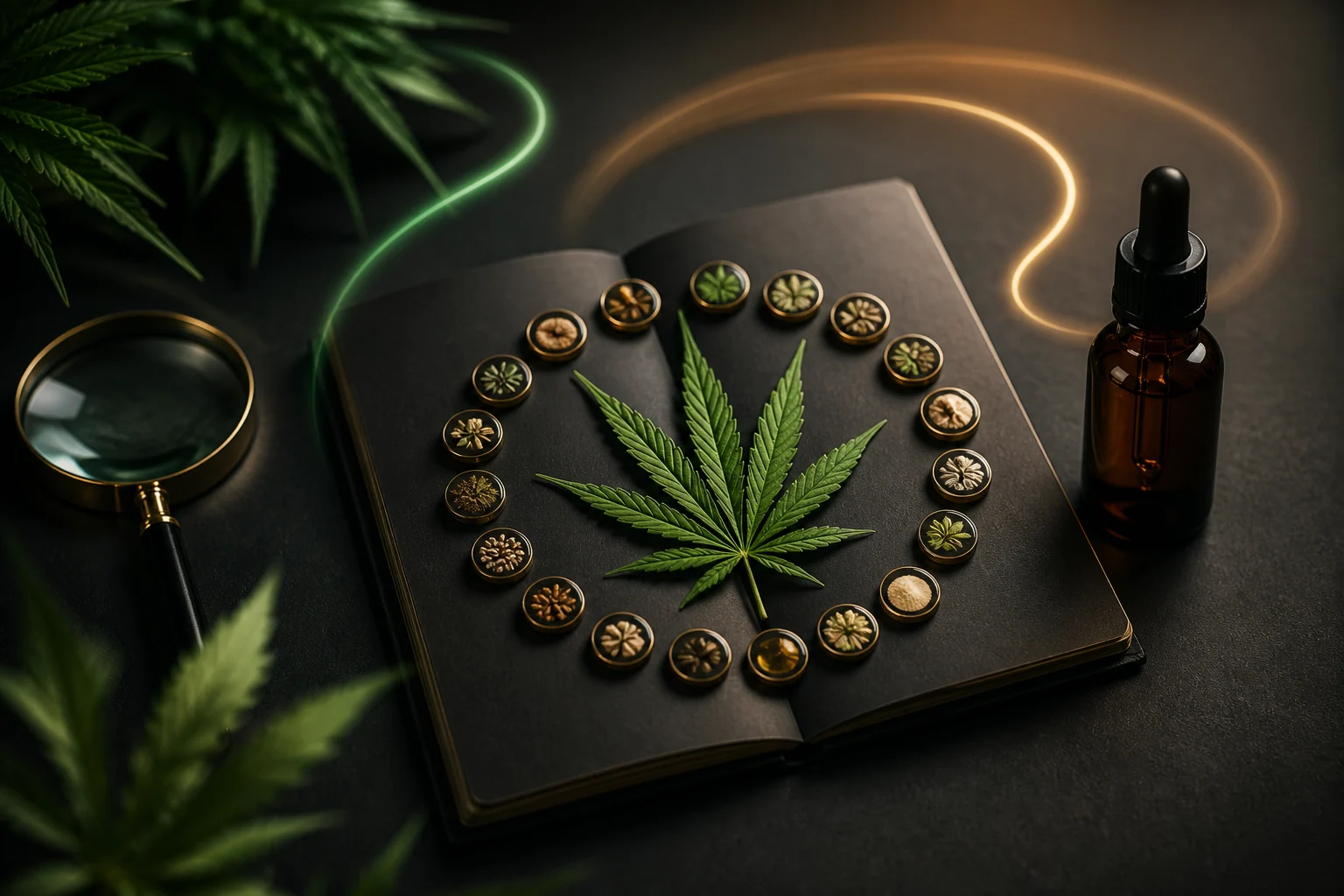 Feuille de chanvre entourée de repères illustrant les questions fréquentes sur le CBD