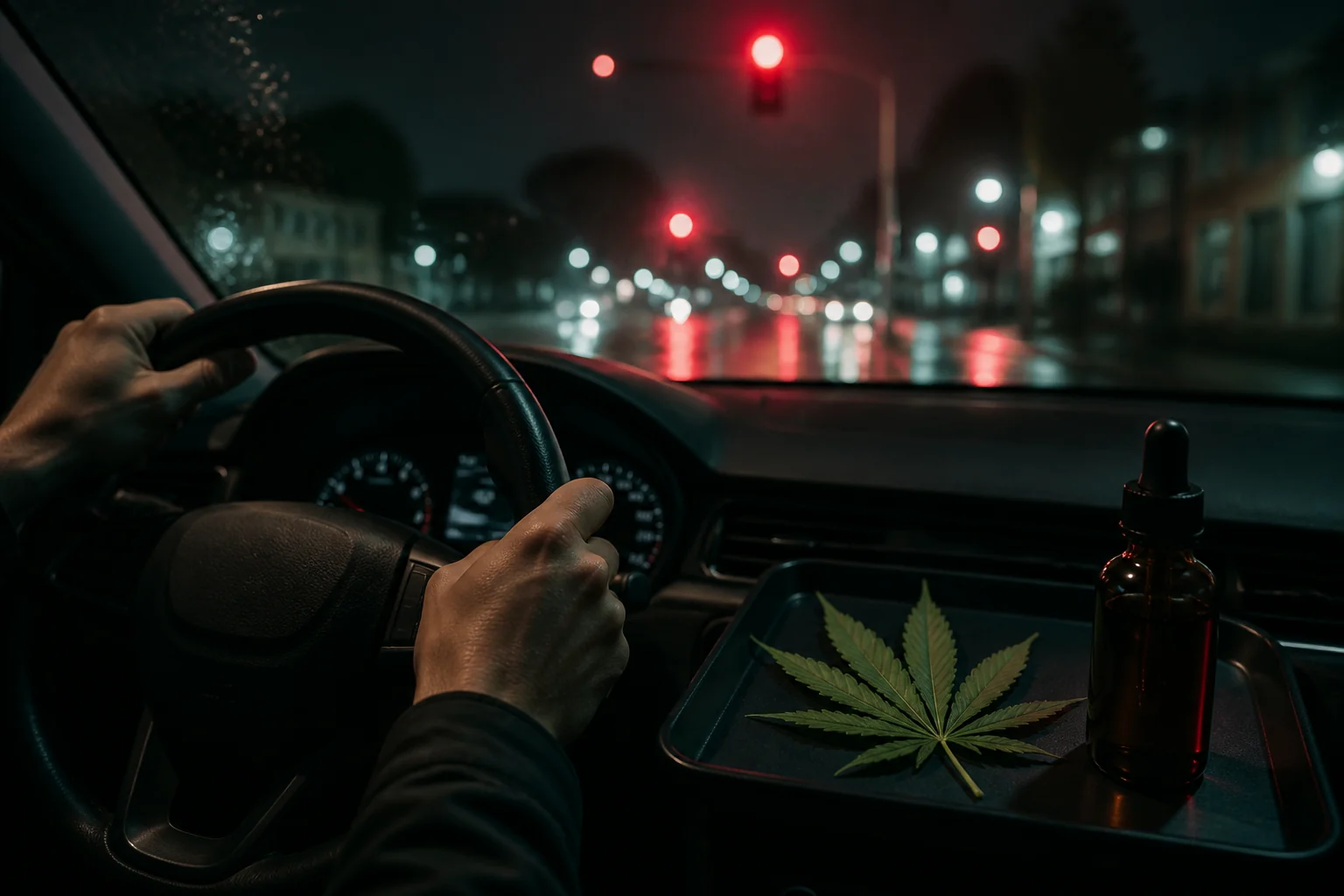 Conducteur arrêté au feu rouge avec une feuille de chanvre et un flacon de CBD