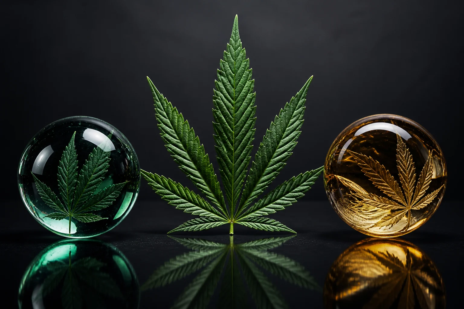 Feuille de cannabis entre deux sphères symbolisant le CBD et le THC