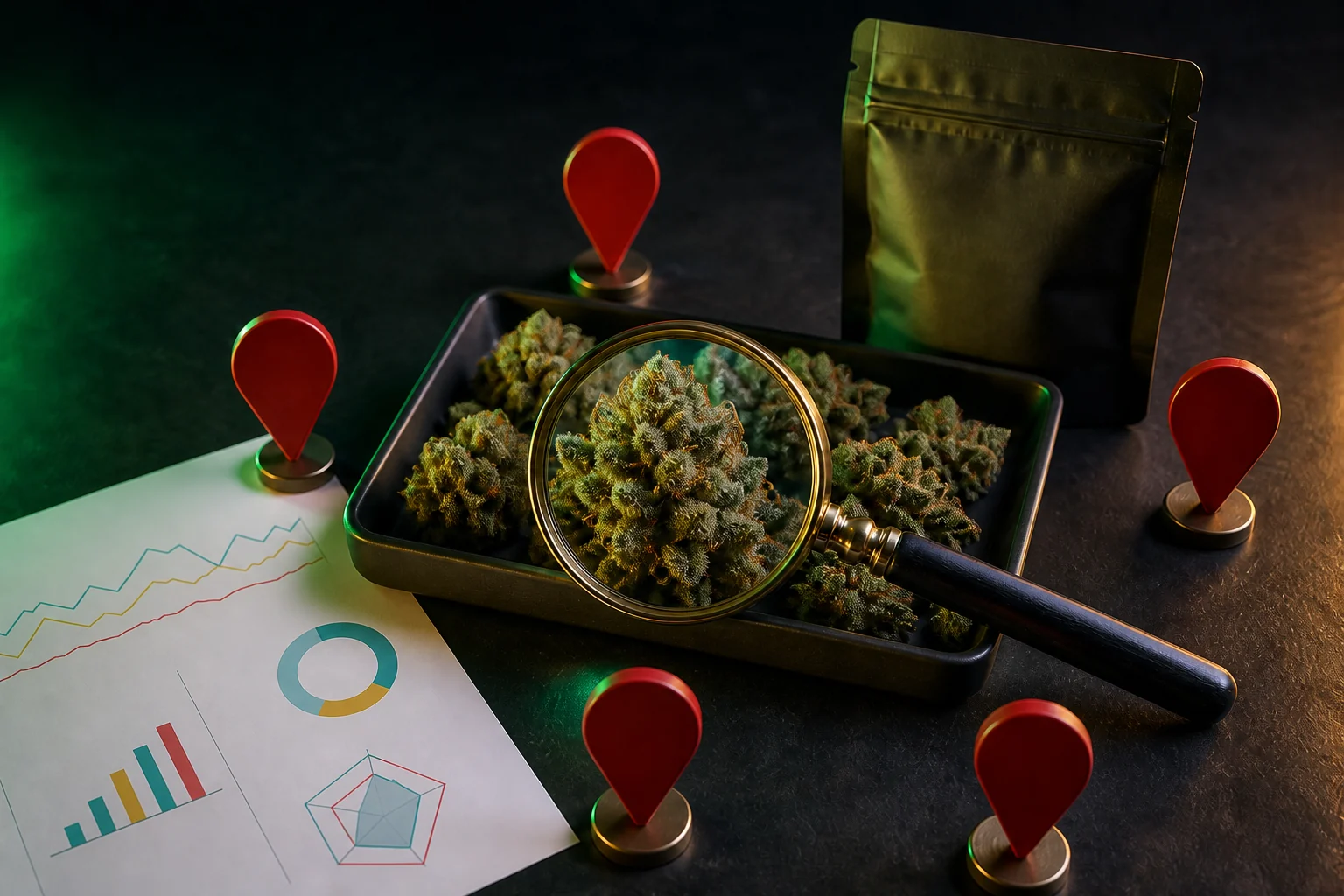 Fleurs de CBD inspectées à la loupe et entourées de cinq marqueurs d’alerte