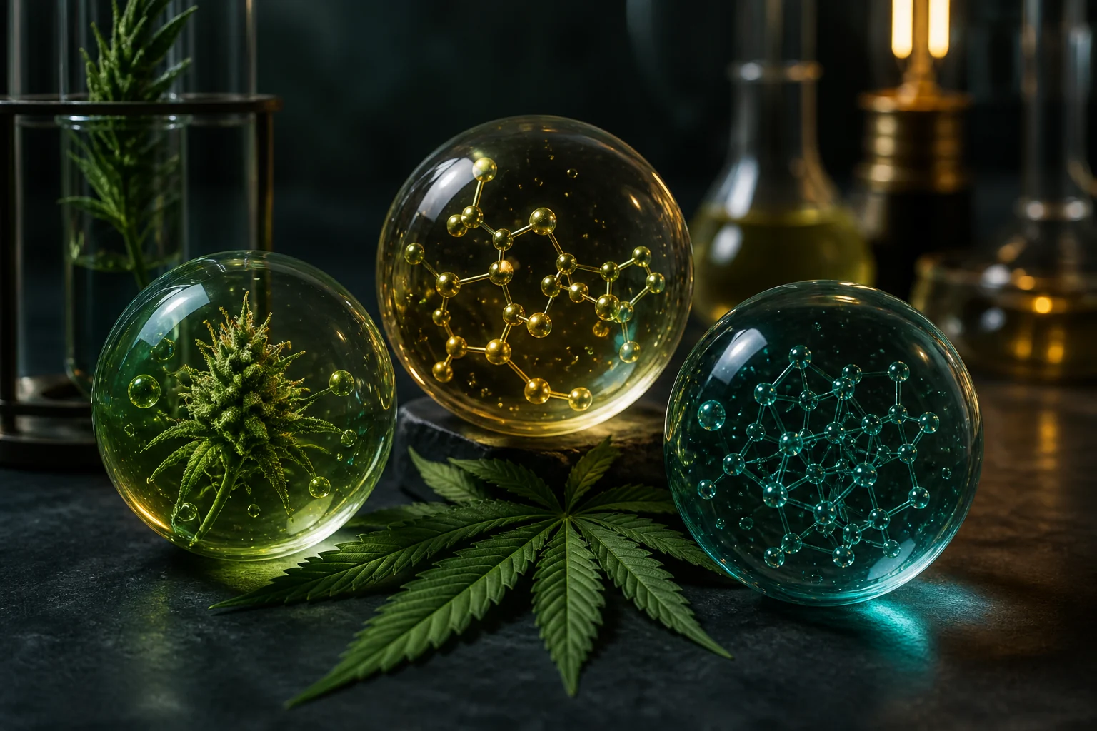 Trois sphères représentant différentes familles de cannabinoïdes autour d’une feuille de chanvre