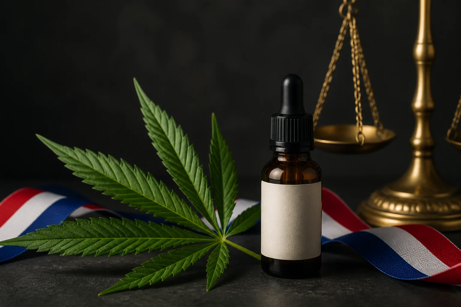 Feuille de chanvre et flacon de CBD devant une balance et le drapeau français